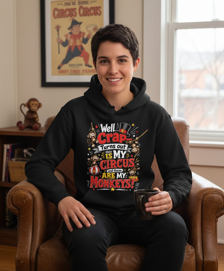 Well Crap Turns Out This IS MY CIRCUS and Those ARE MY Monkeys Hoodie - lifestyle model mockup - Black