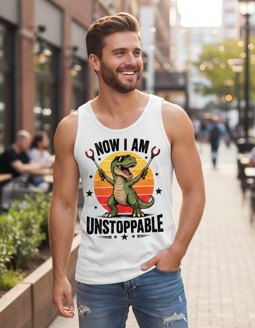 Now I Am Unstoppable Funny Tyrannosaurus Rex Tank Top - lifestyle model mockup - White