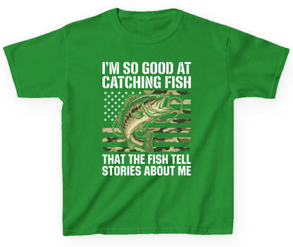 I'm So Good at Catching Fish That the Fish Tell Stories About Me fishing Youth T-Shirt Irish Green product mockup