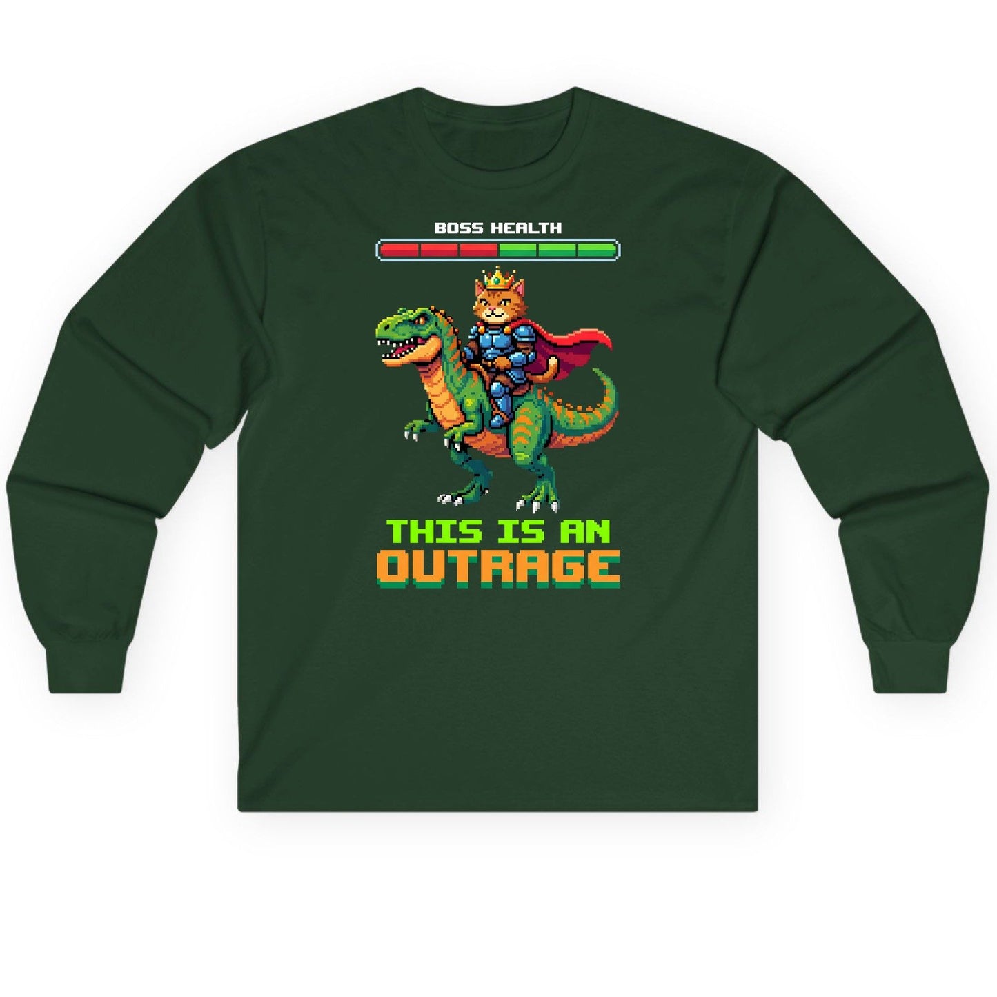 THIS IS AN OUTRAGE Cat riding a dinosaur Long Sleeve Tee Forest Green product mockup