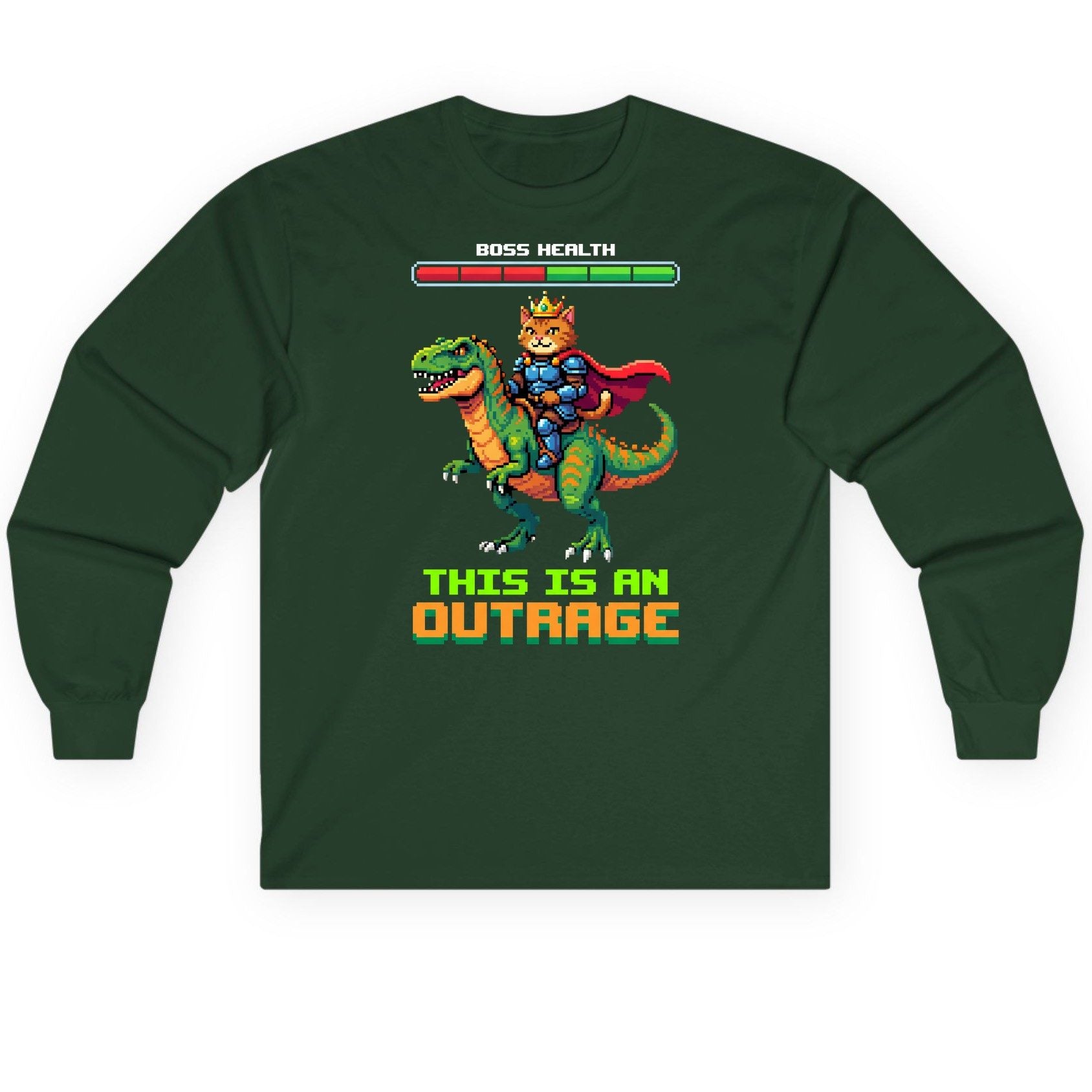THIS IS AN OUTRAGE Cat riding a dinosaur Long Sleeve Tee Forest Green product mockup