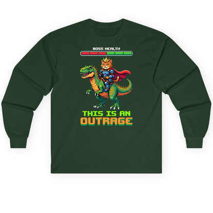 THIS IS AN OUTRAGE Cat riding a dinosaur Long Sleeve Tee Forest Green product mockup