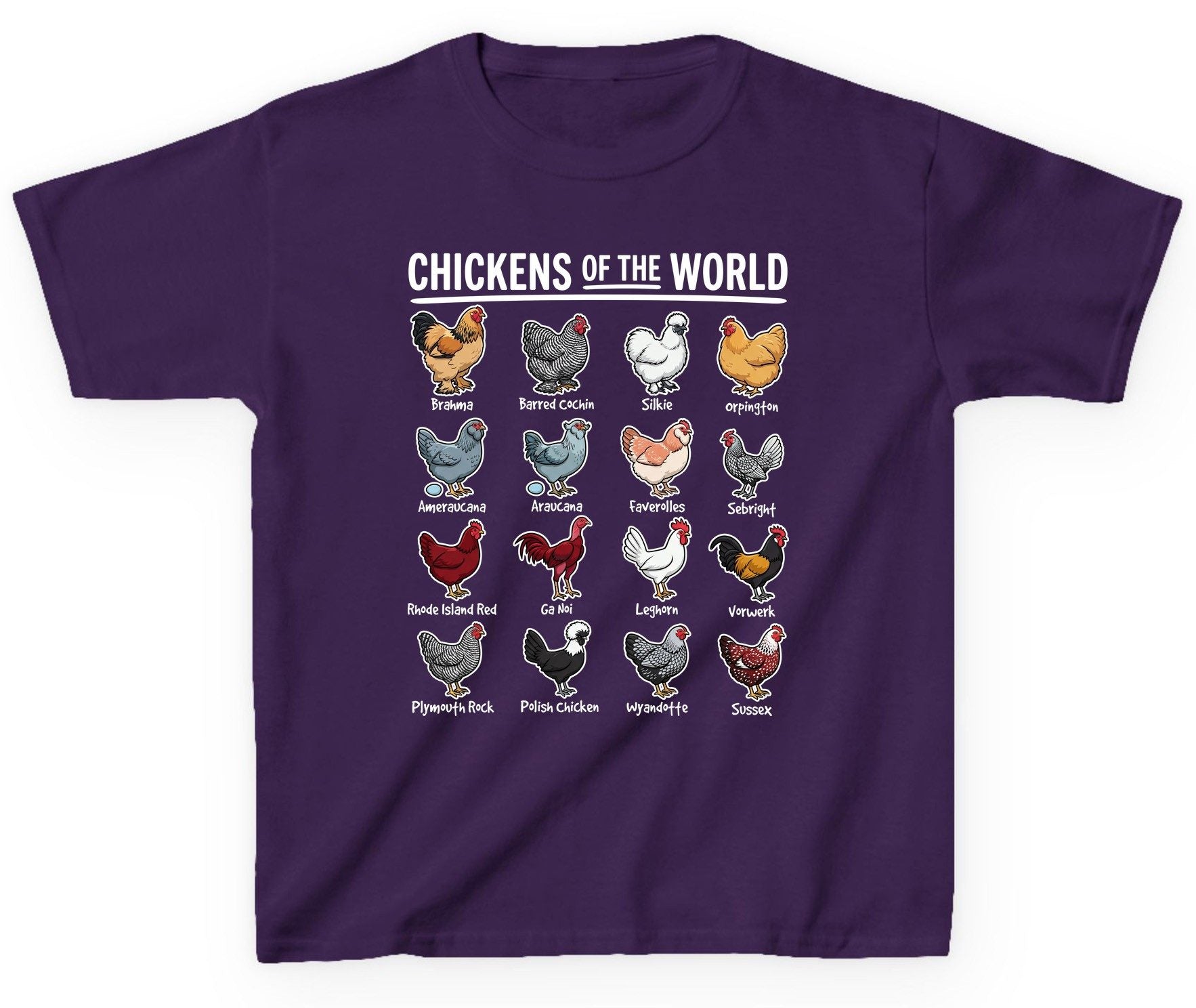 Chickens of the World chicken breeds Youth T-Shirt Purple product mockup