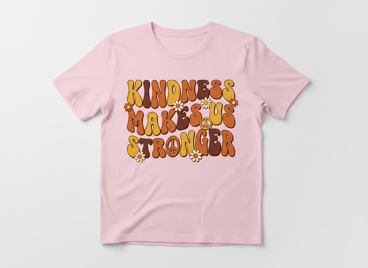 Kindness Makes Us Stronger Groovy 70s Retro Design T-Shirt - Light Pink
