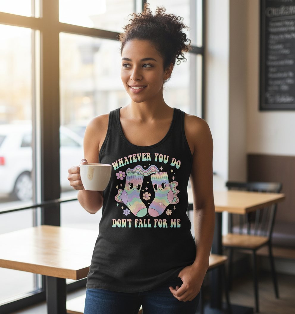 Whatever You Do Don't Fall for Me funny socks Tank Top Black lifestyle mockup