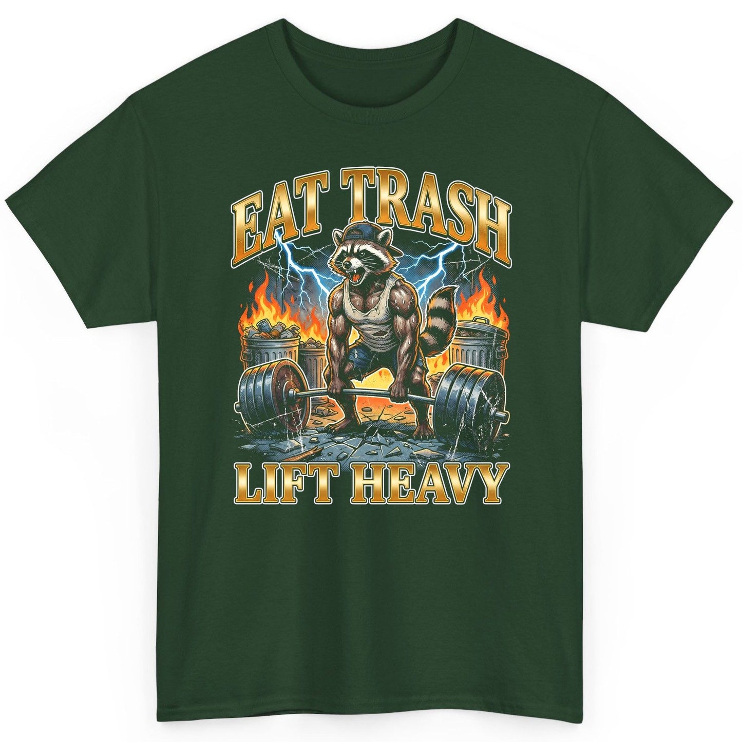 Eat Trash Lift Heavy raccoon T-Shirt Forest Green product mockup