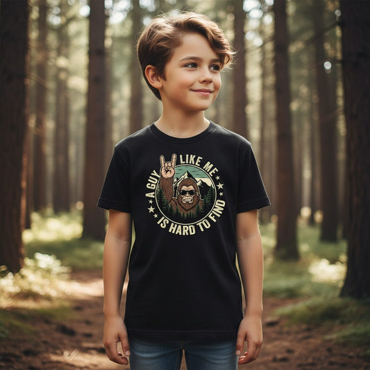 A Guy Like Me Is Hard to Find bigfoot Youth T-Shirt Black lifestyle mockup