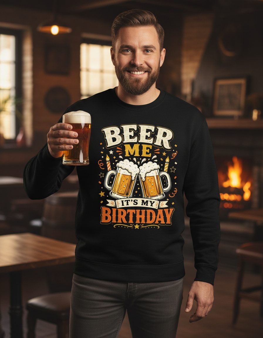 Beer Me It's My Birthday Funny Sweatshirt - lifestyle model mockup - Black