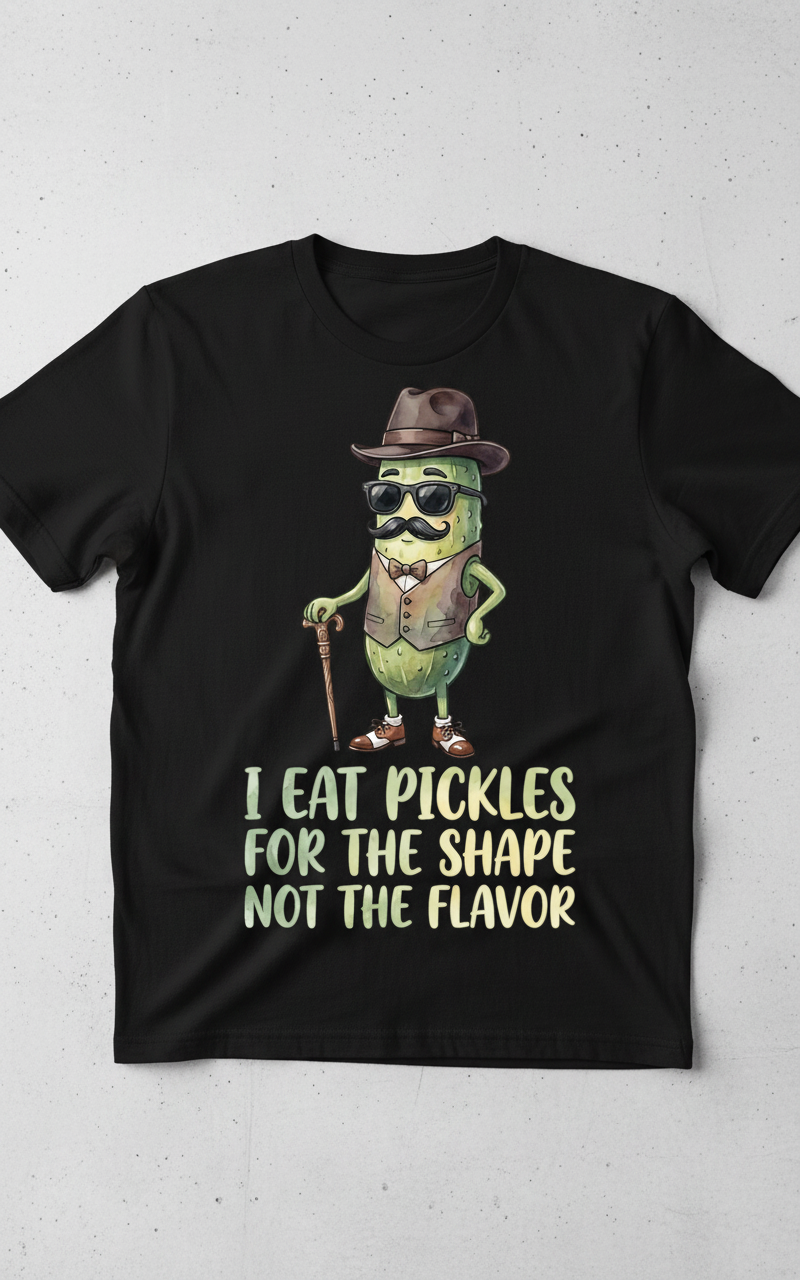 Funny Dapper Pickle 'I Eat Pickles For The Shape' Quote T-Shirt - Black