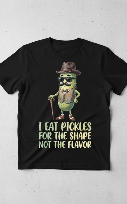 Funny Dapper Pickle 'I Eat Pickles For The Shape' Quote T-Shirt - Black
