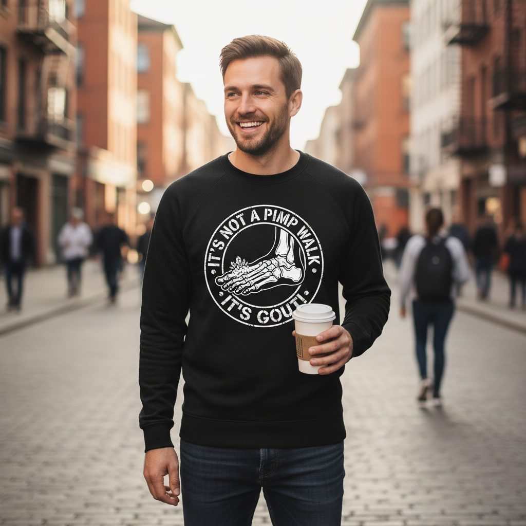 IT'S NOT a PIMP WALK IT'S GOUT Funny People Sweatshirt - lifestyle model mockup - Black