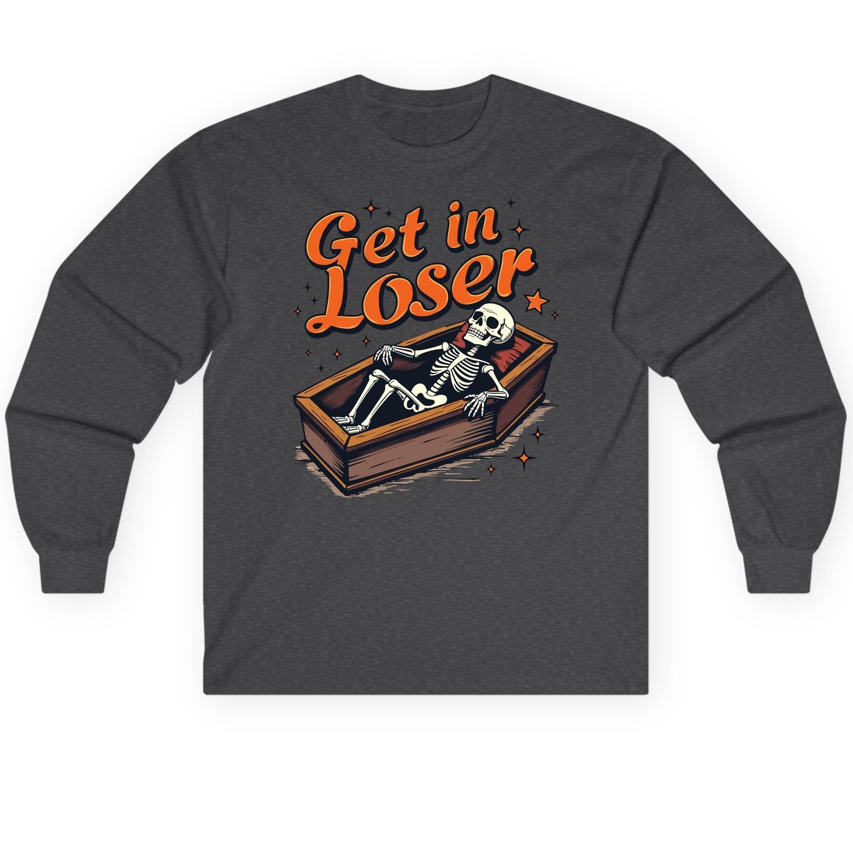 Get in Loser skeleton in coffin Long Sleeve Tee Dark Heather product mockup