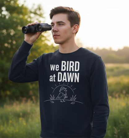 Funny We Bird at Dawn Birdwatching Sweatshirt - product mockup - Navy