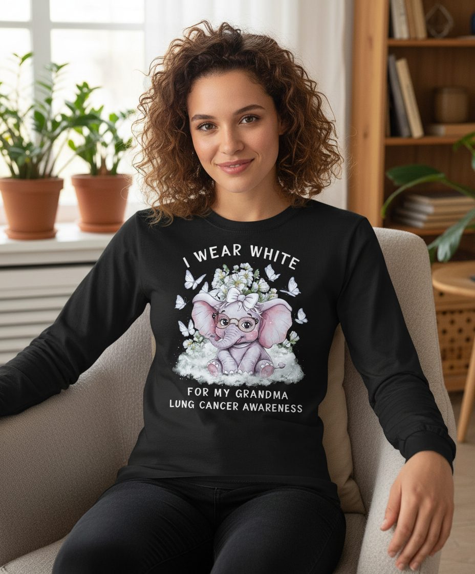 I Wear White for My Grandma Lung Cancer Awareness lung cancer awareness Long Sleeve Tee Black lifestyle mockup
