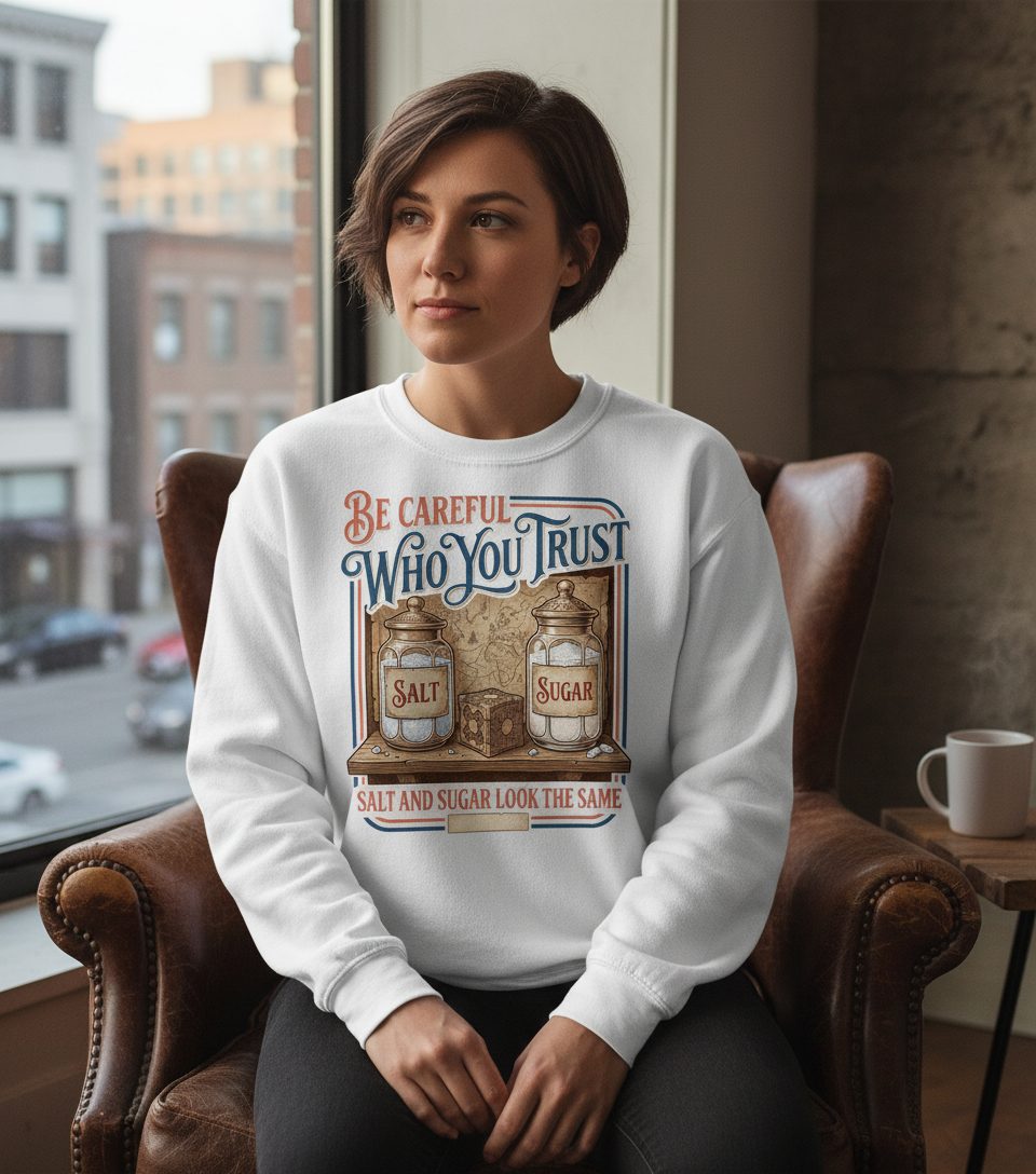 Be Careful Who You Trust Salt and Sugar Look the Same Sweatshirt - lifestyle model mockup - White