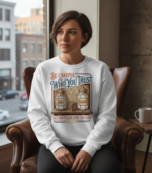 Be Careful Who You Trust Salt and Sugar Look the Same Sweatshirt - lifestyle model mockup - White