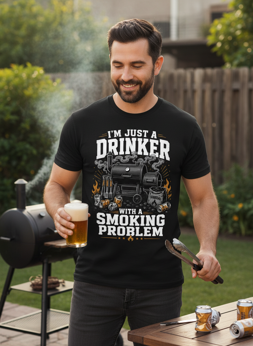 I'M JUST A DRINKER WITH A SMOKING PROBLEM Funny Drinker With A Smoking Problem BBQ T-Shirt - lifestyle model mockup - Black