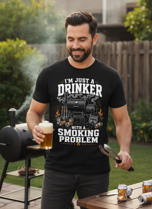 I'M JUST A DRINKER WITH A SMOKING PROBLEM Funny Drinker With A Smoking Problem BBQ T-Shirt - lifestyle model mockup - Black