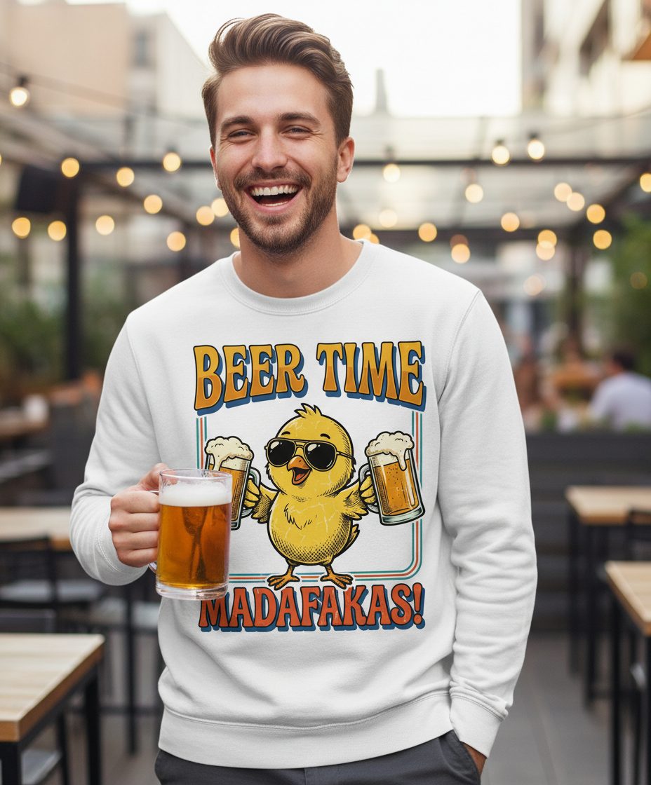 Funny Chick drinking beer Chick Sweatshirt - lifestyle model mockup - White