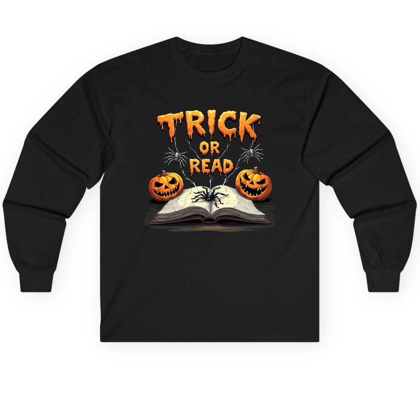 Trick or Read Halloween reading Long Sleeve Tee Black product mockup