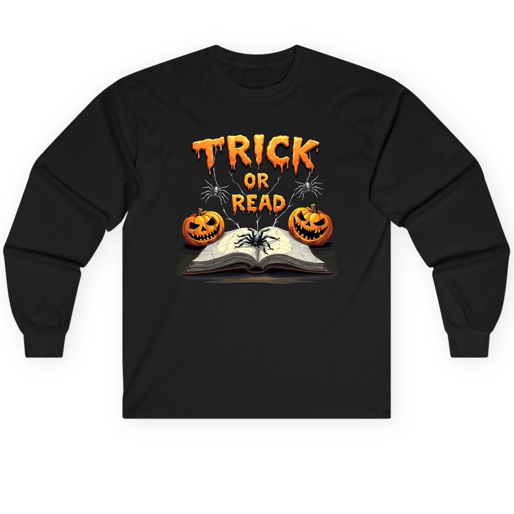 Trick or Read Halloween reading Long Sleeve Tee Black product mockup