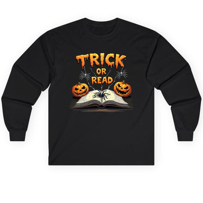 Trick or Read Halloween reading Long Sleeve Tee Black product mockup