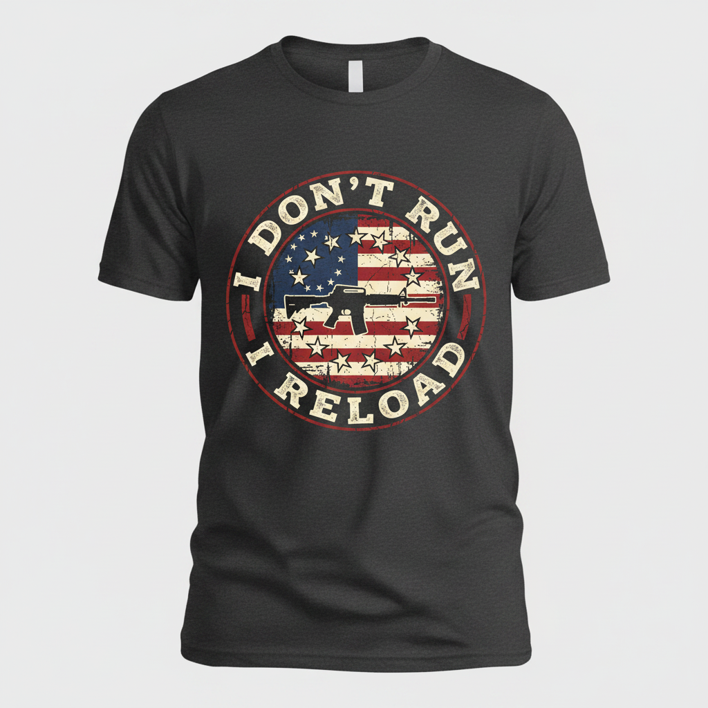 I Don't Run I Reload Pro-Gun American Flag Design T-Shirt - Dark Heather