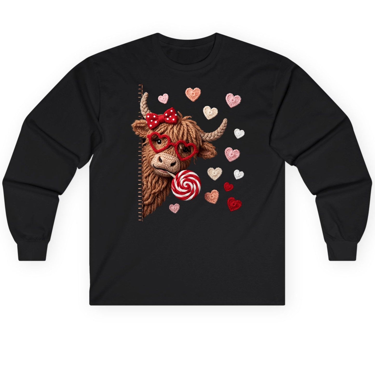 Crochet Valentine's Highland Cow highland cow Long Sleeve Tee Black product mockup