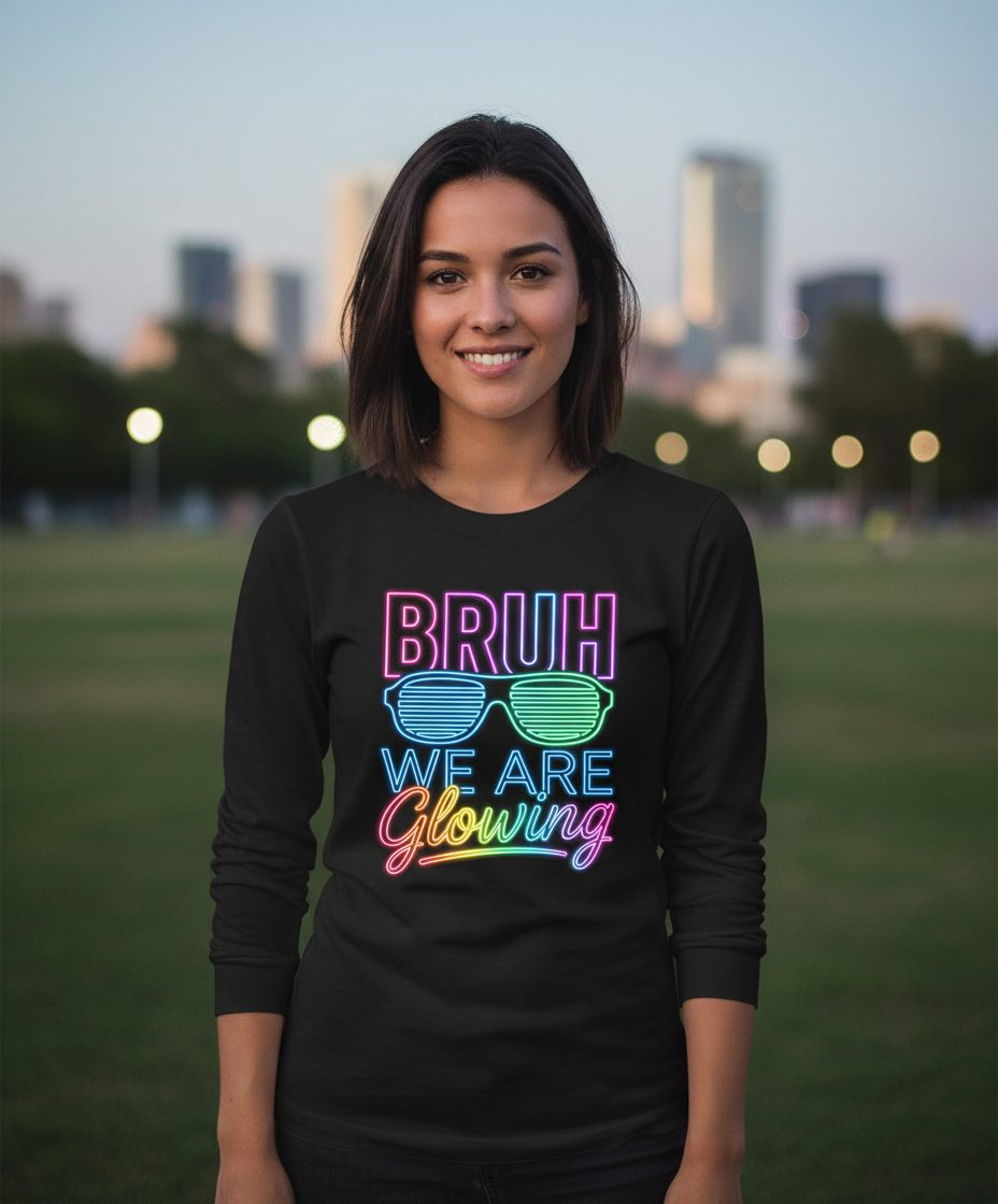 BRUH WE ARE Glowing Neon Party Long Sleeve Tee Black lifestyle mockup