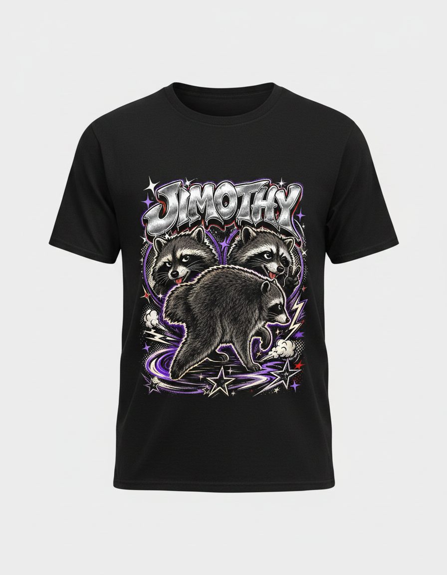 Jimothy Funny Raccoon T-Shirt - product mockup - Black