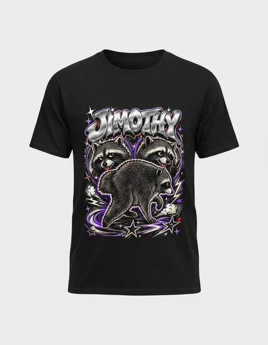 Jimothy Funny Raccoon T-Shirt - product mockup - Black