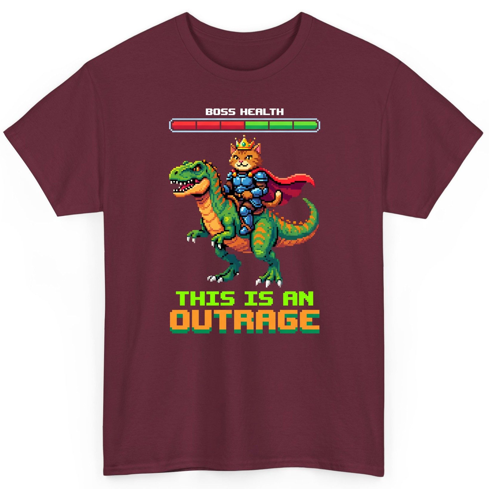 THIS IS AN OUTRAGE Cat riding a dinosaur T-Shirt Maroon product mockup