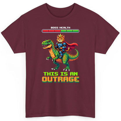 THIS IS AN OUTRAGE Cat riding a dinosaur T-Shirt Maroon product mockup