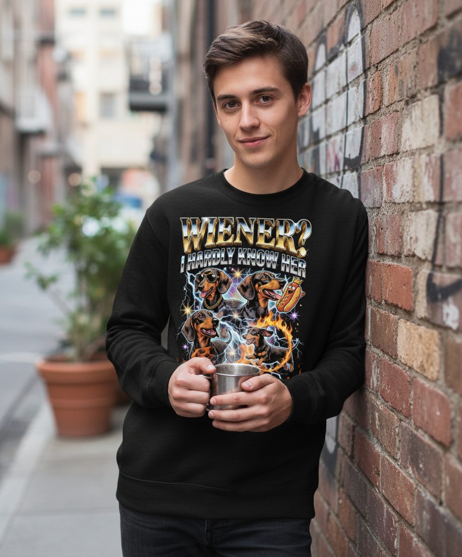 Wiener I Hardly Know Her dachshund Sweatshirt Black lifestyle mockup