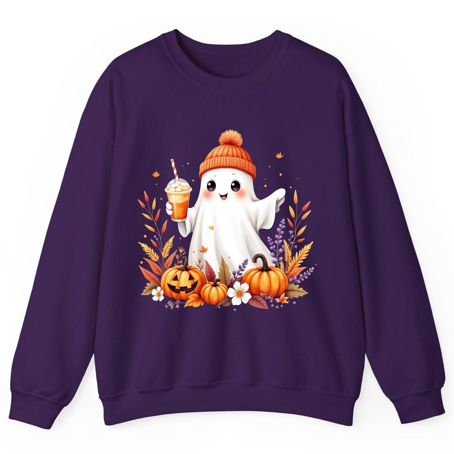 Cute Ghost Pumpkin Spice Latte cute Halloween ghost Sweatshirt Purple product mockup