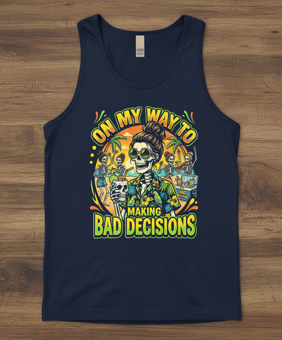 On My Way To Making Bad Decisions Skeleton Beach Party Tank Top - Navy