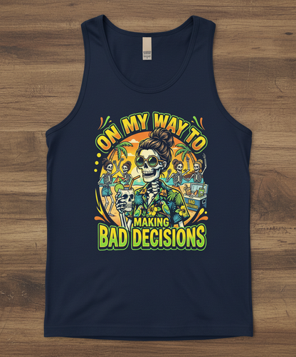 On My Way To Making Bad Decisions Skeleton Beach Party Tank Top - Navy