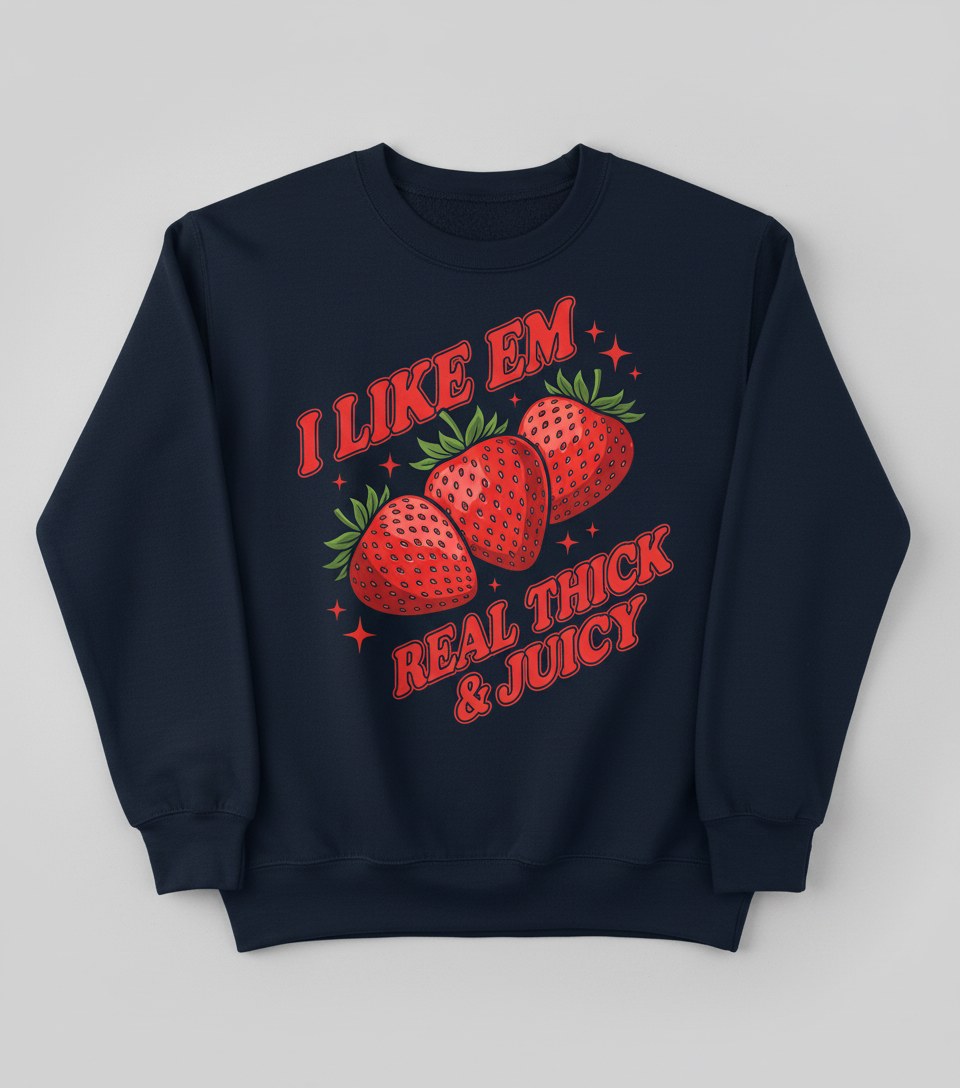 I Like Em Real Thick & Juicy Strawberries Funny Retro Design Sweatshirt - Navy