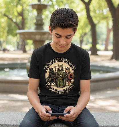 I'm Not Procrastinating I'm Doing Side Quests rpg cats Youth T-Shirt Black lifestyle mockup