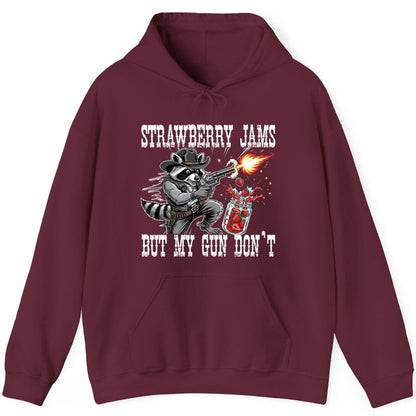 Strawberry Jams but My Gun Don't raccoon Hoodie Maroon product mockup