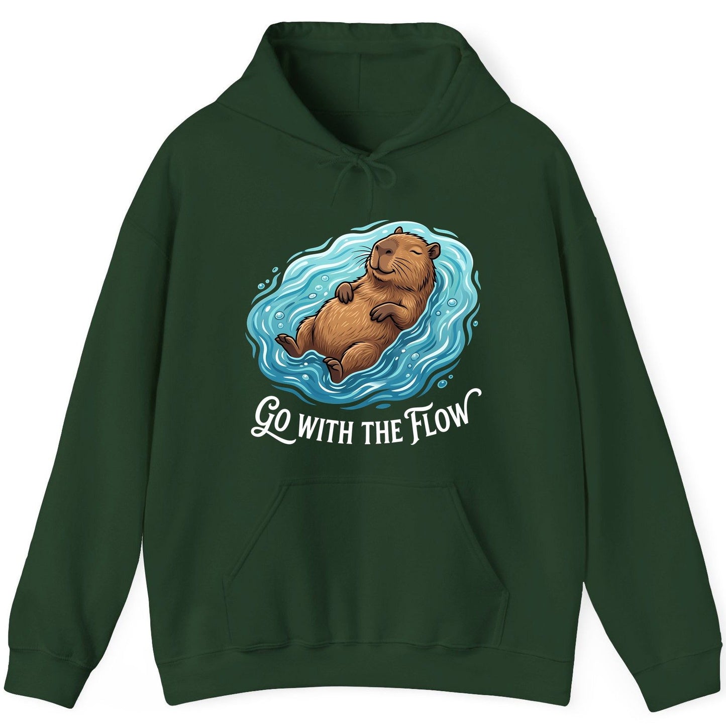 Go WITH THE Flow Funny Capybara Hoodie - product mockup - Forest Green