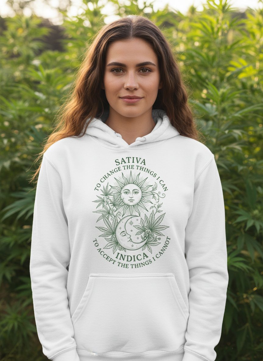 SATIVA TO CHANGE THE THINGS I CAN INDICA TO ACCEPT THE THINGS I Hoodie - lifestyle model mockup - White