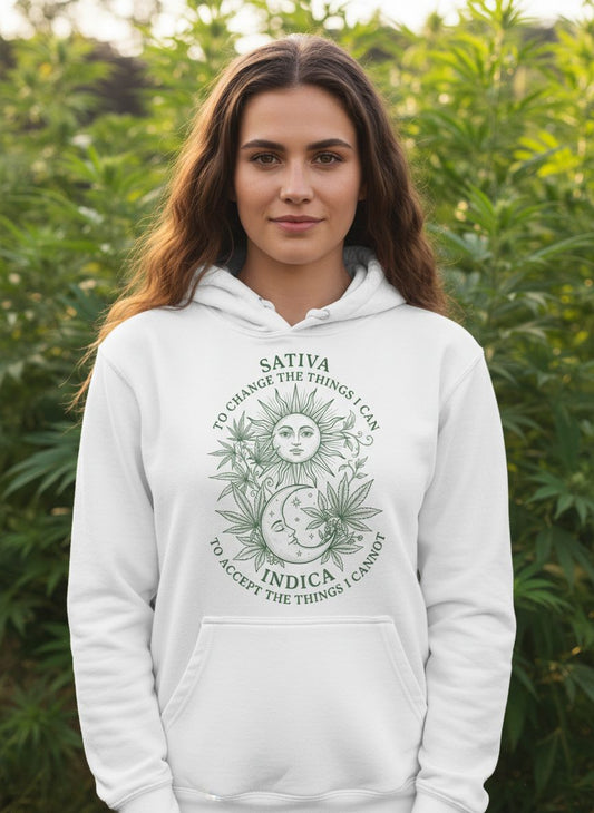 SATIVA TO CHANGE THE THINGS I CAN INDICA TO ACCEPT THE THINGS I Hoodie - lifestyle model mockup - White