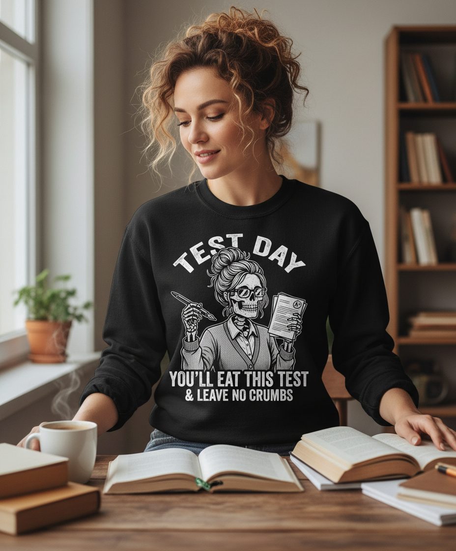 You'll Eat This Test & Leave No Crumbs Funny Day Sweatshirt - lifestyle model mockup - Black