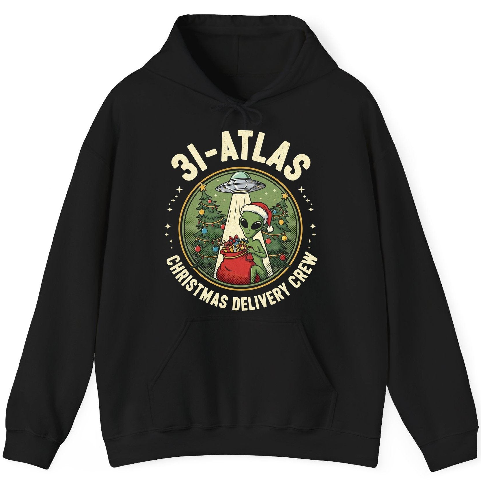 31-Atlas Christmas Delivery Crew alien Christmas Hoodie Black product mockup