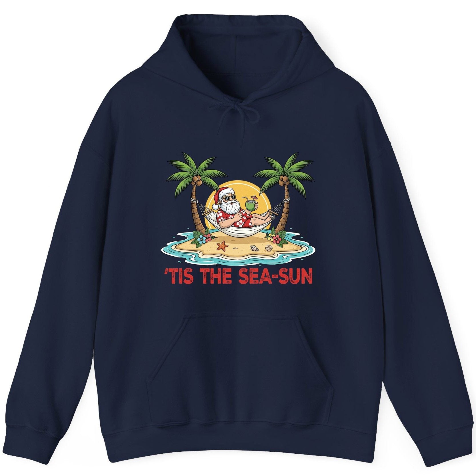 'Tis the Sea-Sun santa claus on a tropical vacation Hoodie Navy product mockup