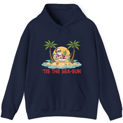 'Tis the Sea-Sun santa claus on a tropical vacation Hoodie Navy product mockup