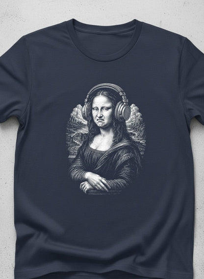 Disgusted Mona Lisa Headphones Funny Art Parody T-Shirt - product mockup - Navy