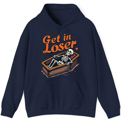 Get in Loser skeleton in coffin Hoodie Navy product mockup
