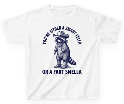 You're Either a Smart Fella or a Fart Smella cowboy raccoon Youth T-Shirt White product mockup